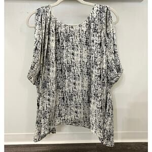 NWT J/J by Julie Haus Silk Black Motif Top Small Scoop Neck Draped Sleeve Blouse